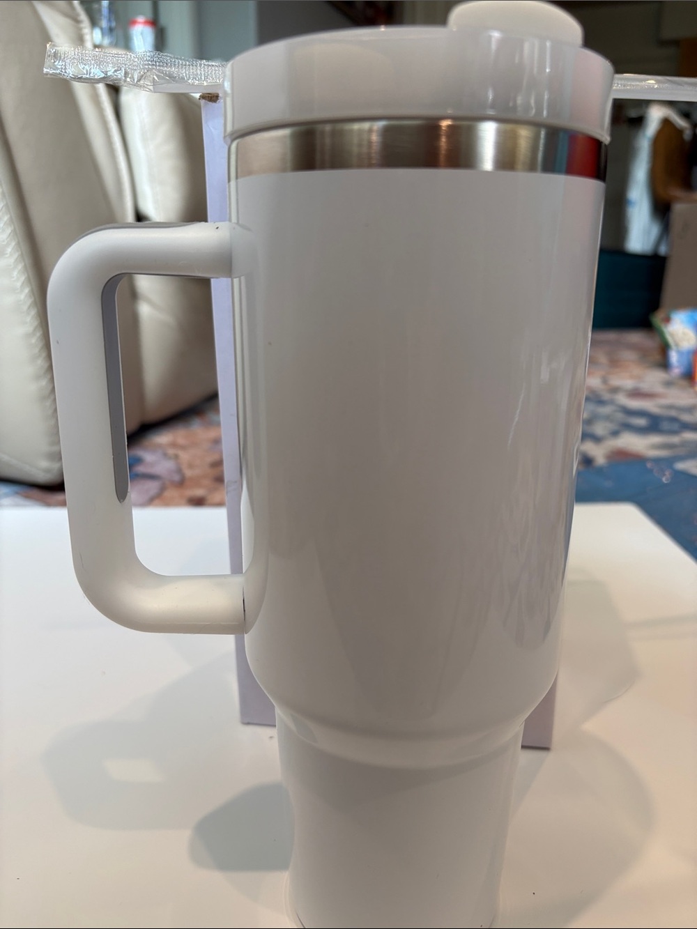 White Insulated Travel Mug with Handle and Stainless Trim